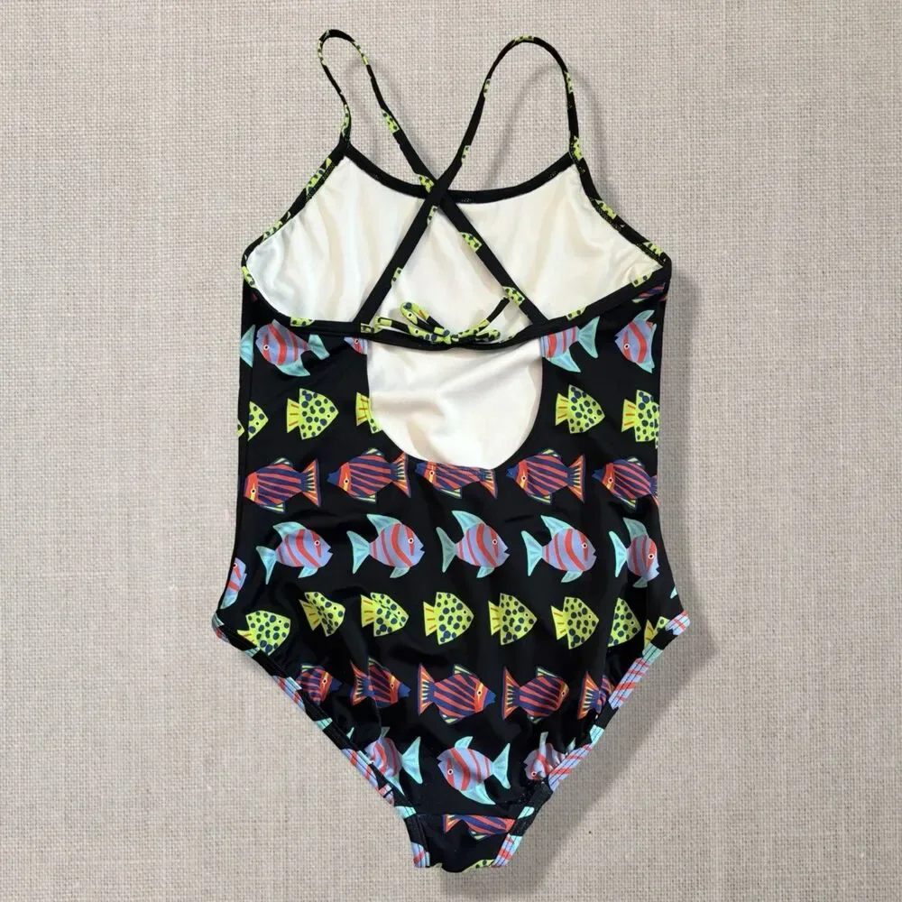Hanna Andersson Tropical Fish On Black Printed Easy 1 Pc Swimsuit Size 12